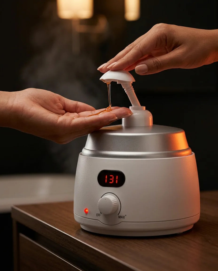 Massage oil warmer with display – hand dispensing oil from the pump head