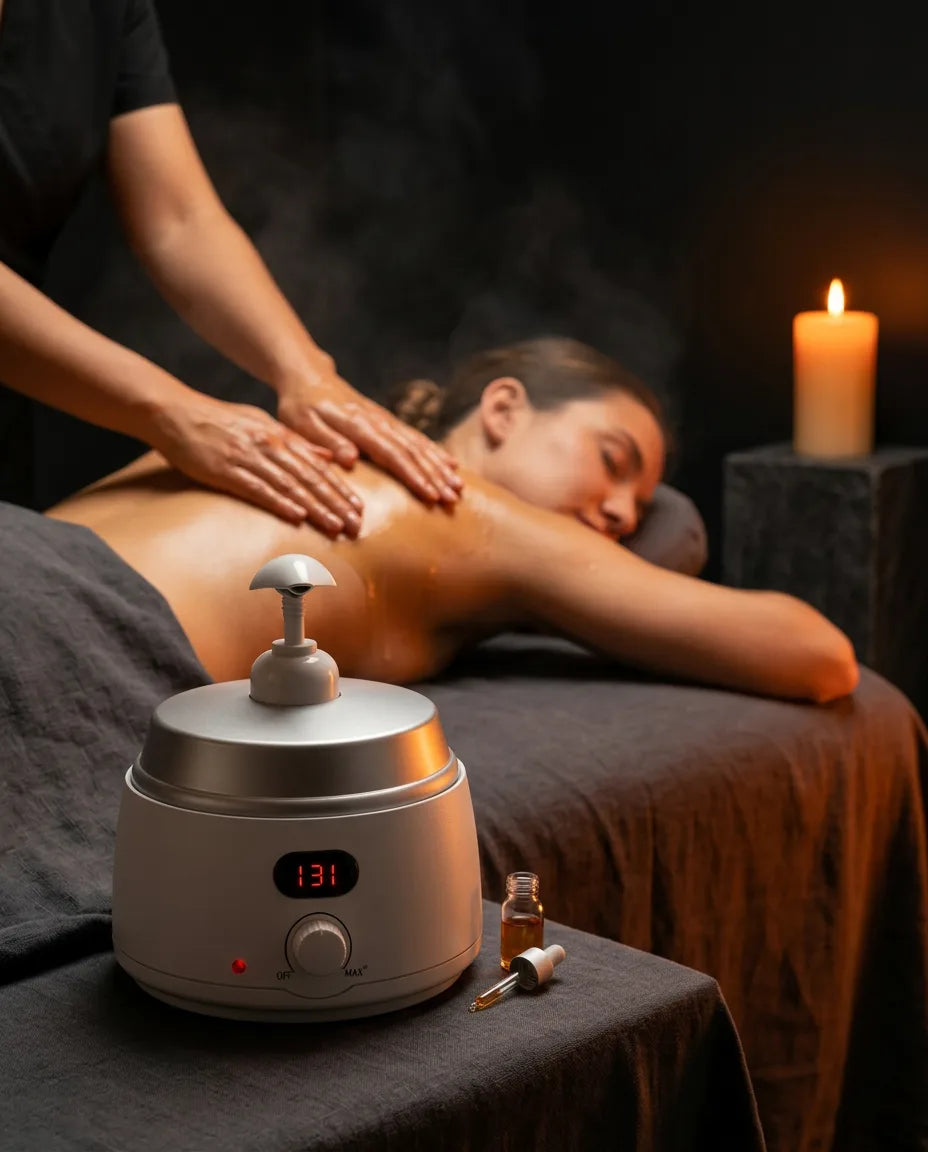 Massage oil warmer with display – dispenser during an illustrated massage