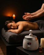 Massage oil warmer with display – oil dispenser next to a massage table