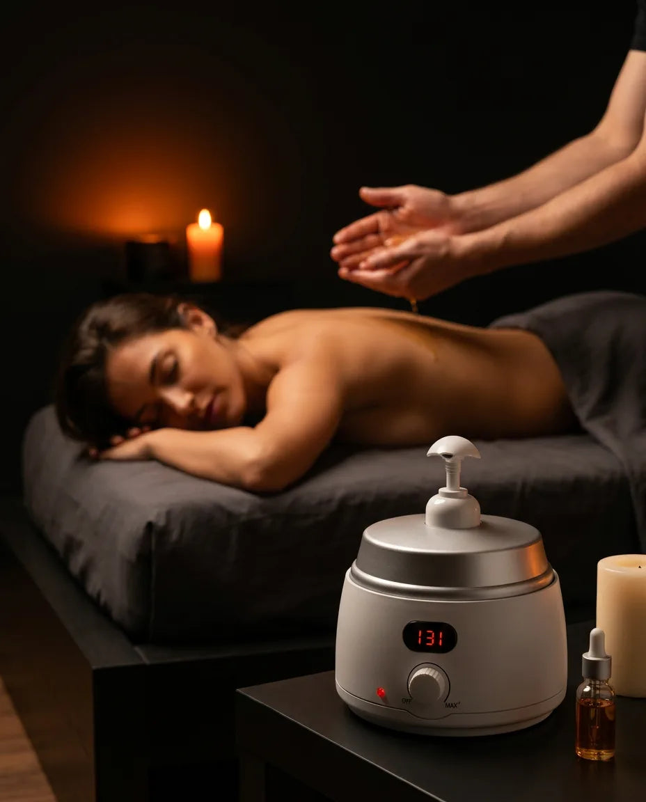 Massage oil warmer with display – oil dispenser next to a massage table