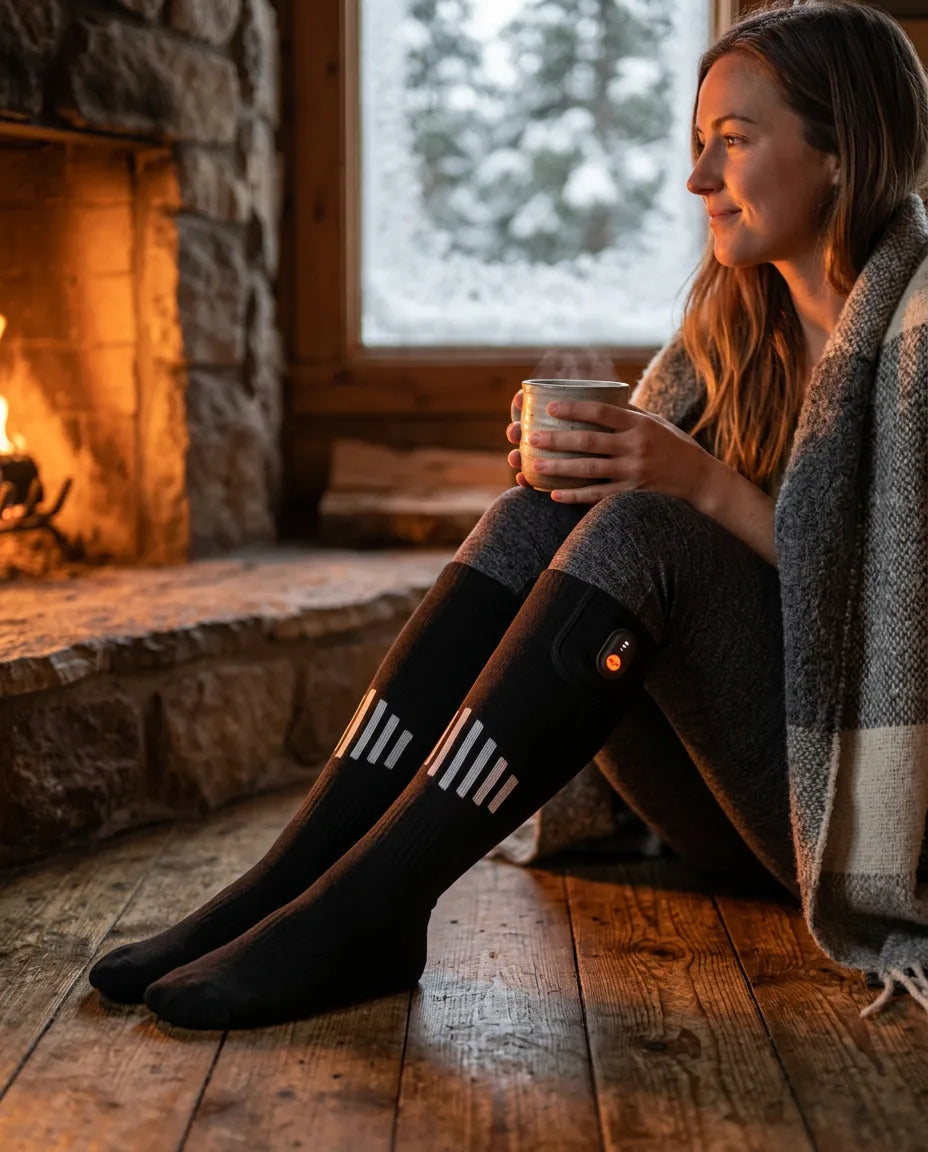 Battery-powered heated socks being worn in front of a fireplace