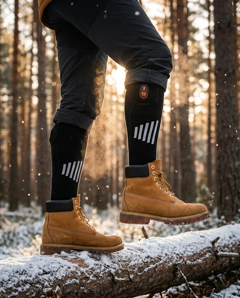 Battery-powered heated socks on the legs in winter