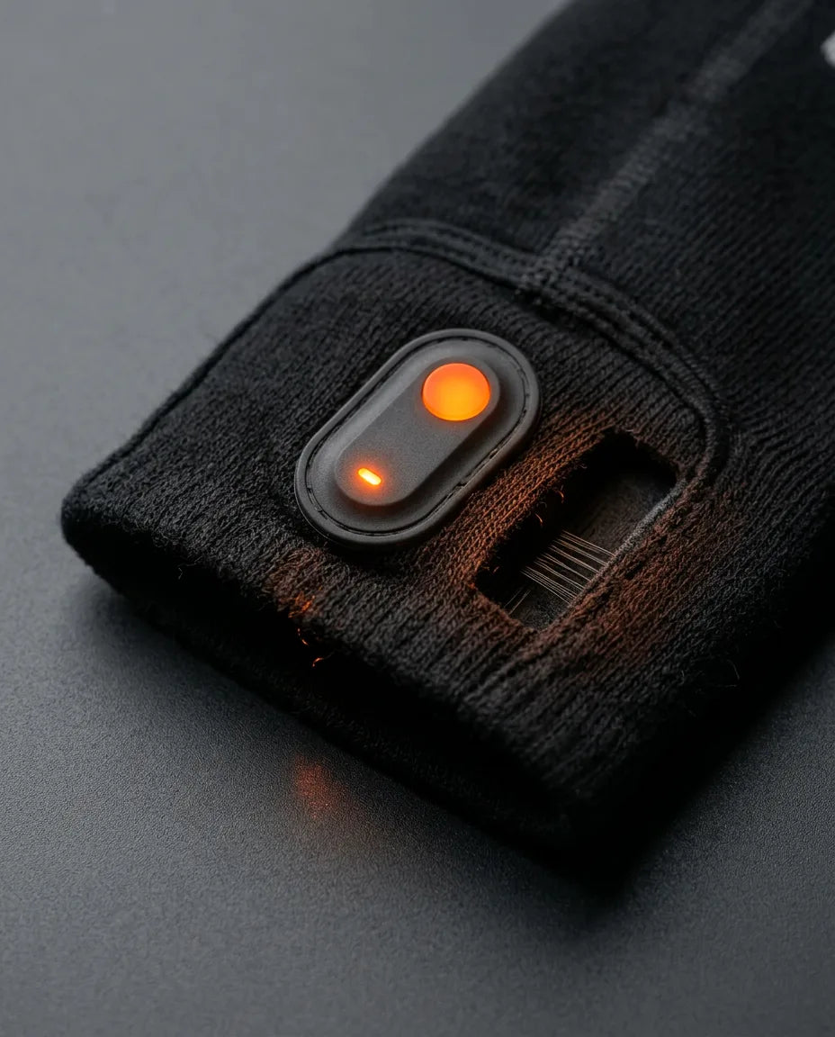 Control button on the cuff of the heated socks, detail view