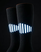 Battery-powered heated socks, front view, stripes on the cuff