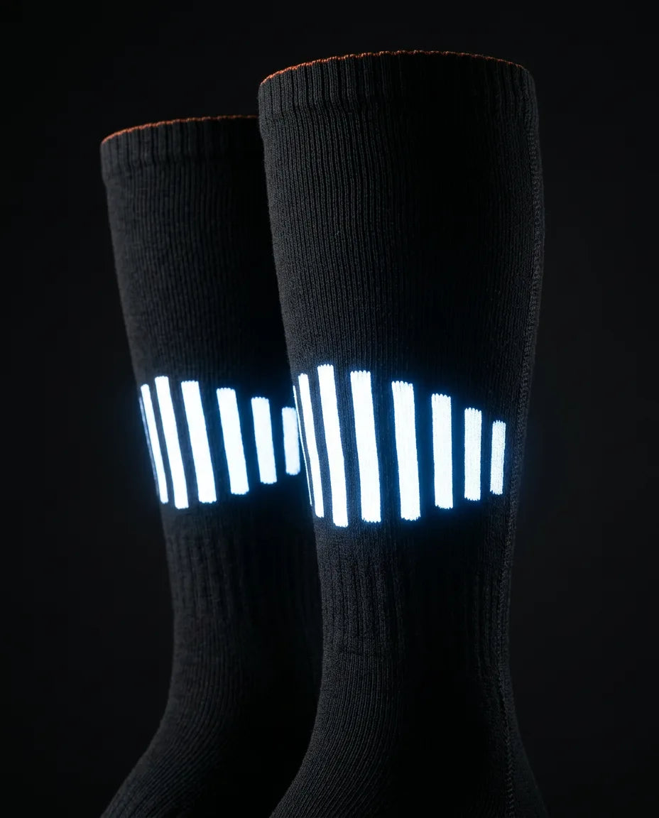 Battery-powered heated socks, front view, stripes on the cuff