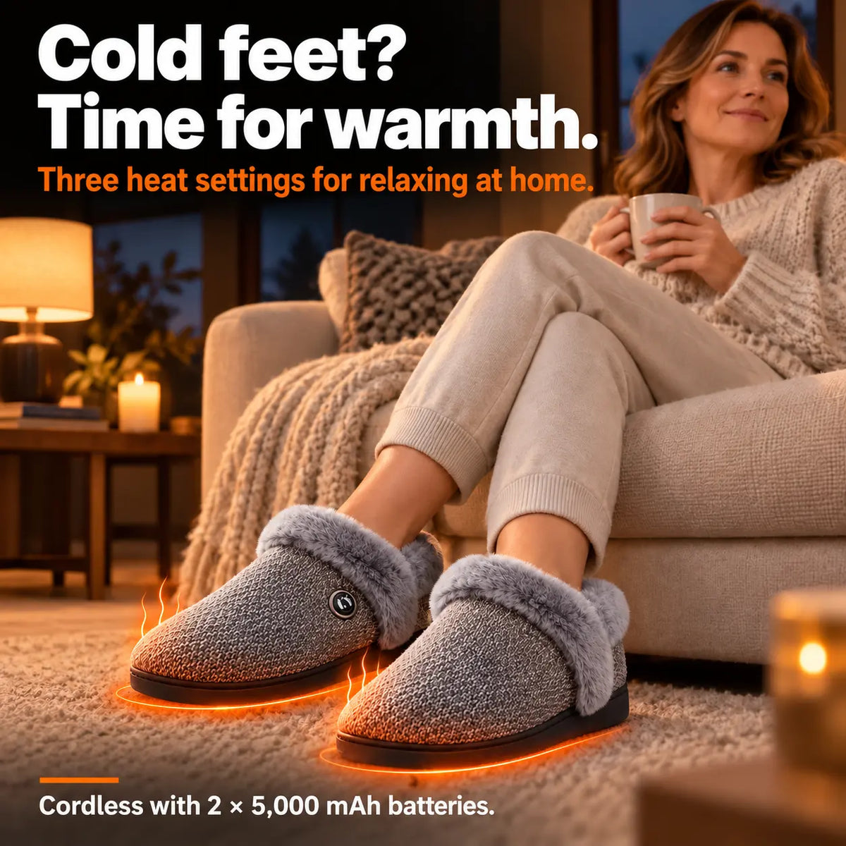 Woman relaxing in an armchair wearing grey heated slippers