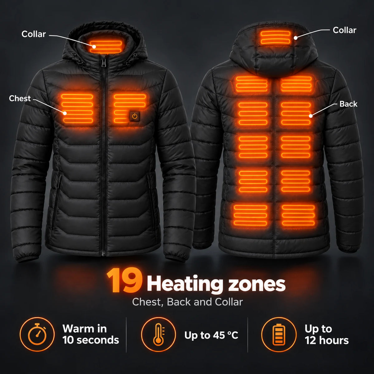 Men's heated puffer jacket PyreFit Rangor: 19 heating zones across the chest, back and collar