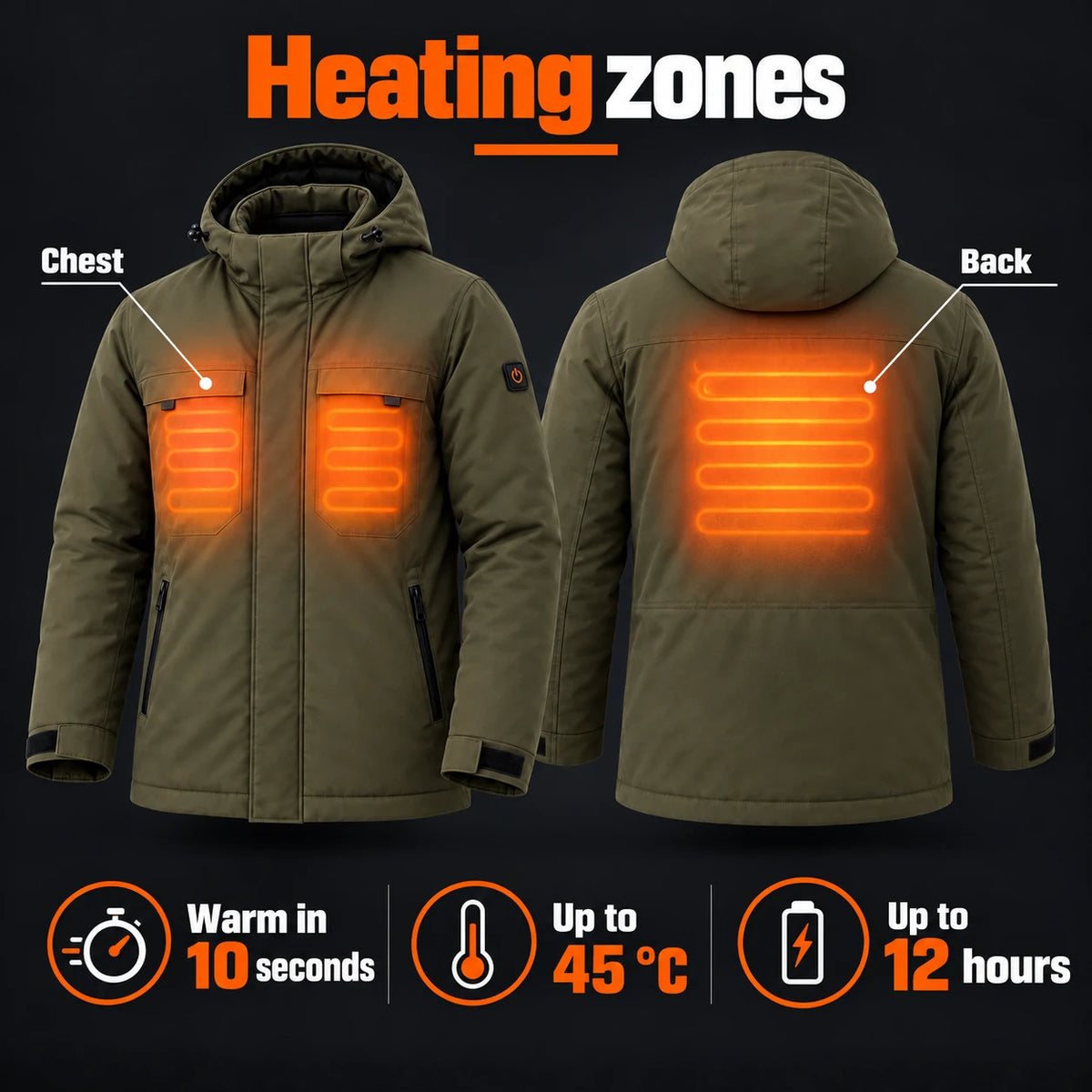 Men's heated parka PyreFit Regaro: heating zones across the chest and back