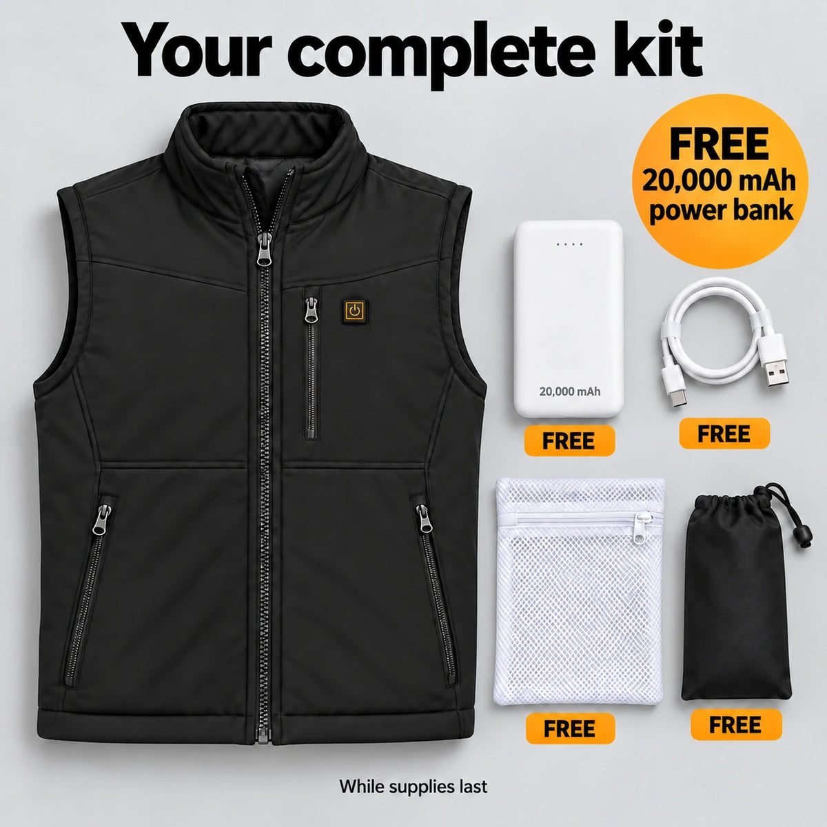 Complete Set: Relior, 20,000 mAh power bank, charging cable, laundry bag and storage bag