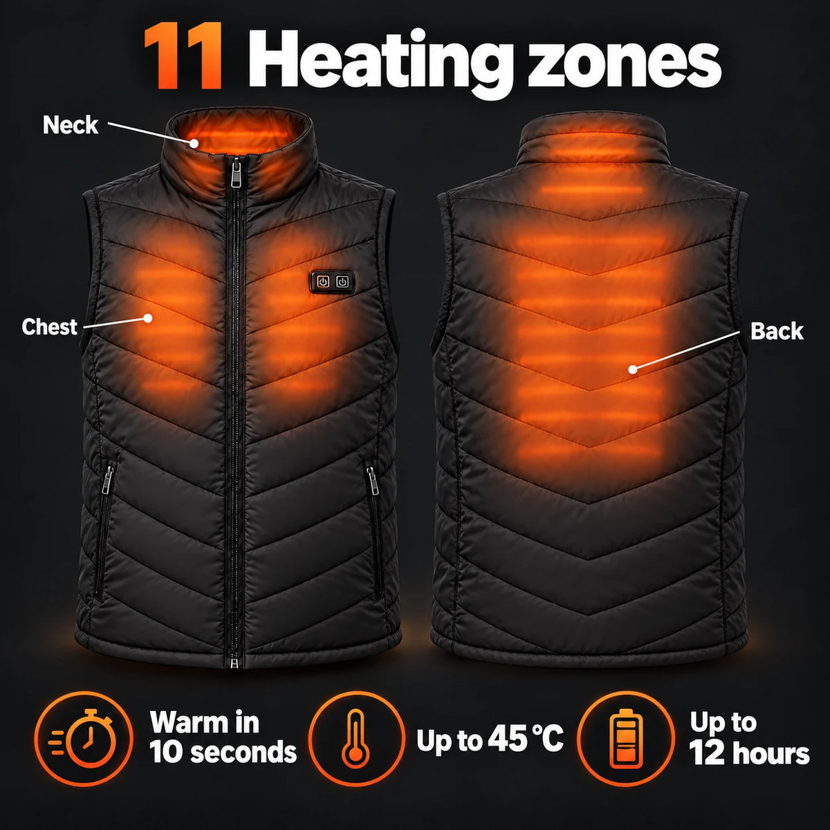 Unisex heated vest in plus sizes PyreFit Schattor: 11 heating zones across the chest, neck and back