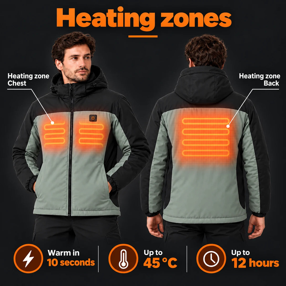 Unisex heated parka PyreFit Schiefer: heating zones across the chest and back