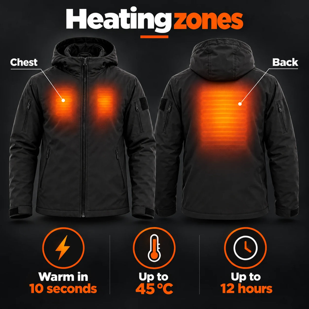 Heated everyday jacket PyreFit Summaro: heating zones across the chest and back