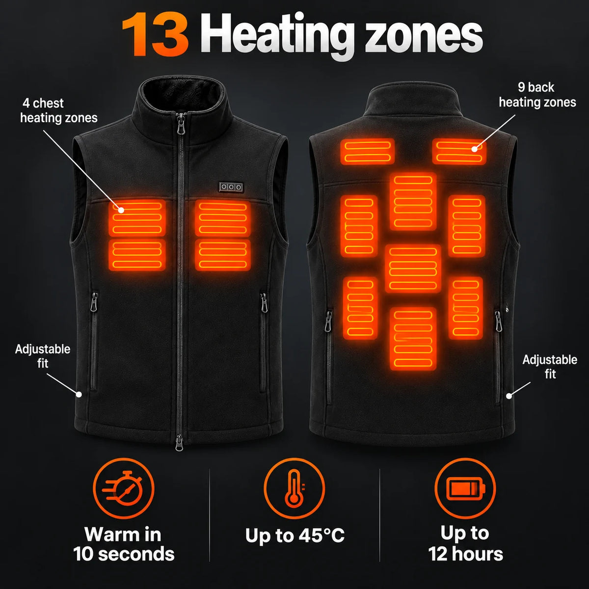 Unisex heated vest with adjustable fit PyreFit Tarnor: 13 heating zones across the chest (4 zones) and back (9 zones)