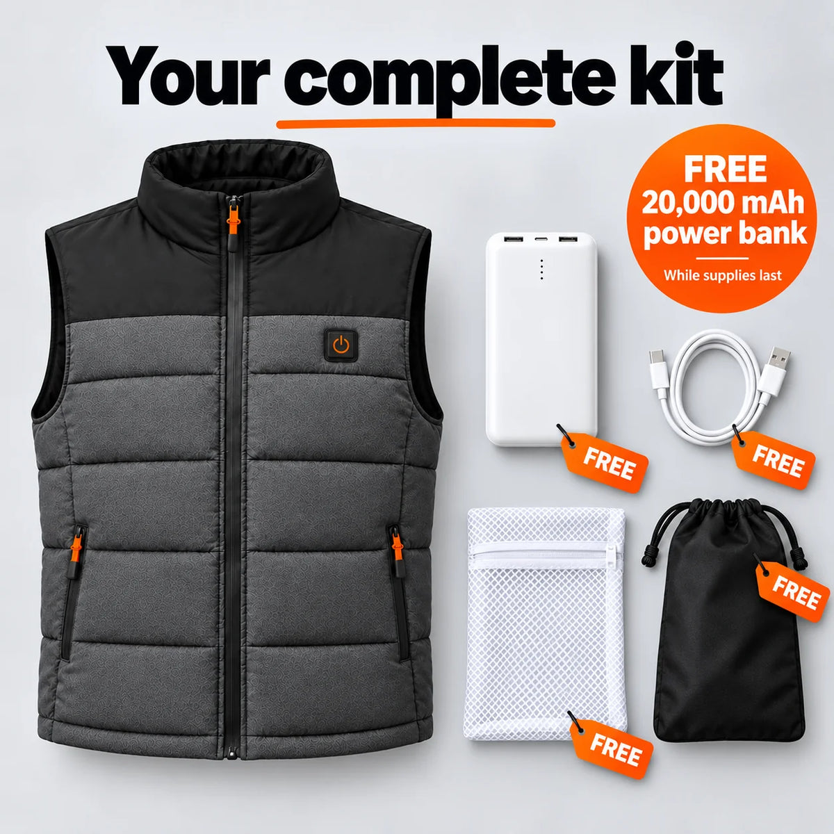 Complete Set: Trailon, 20,000 mAh power bank, charging cable, laundry bag and storage bag