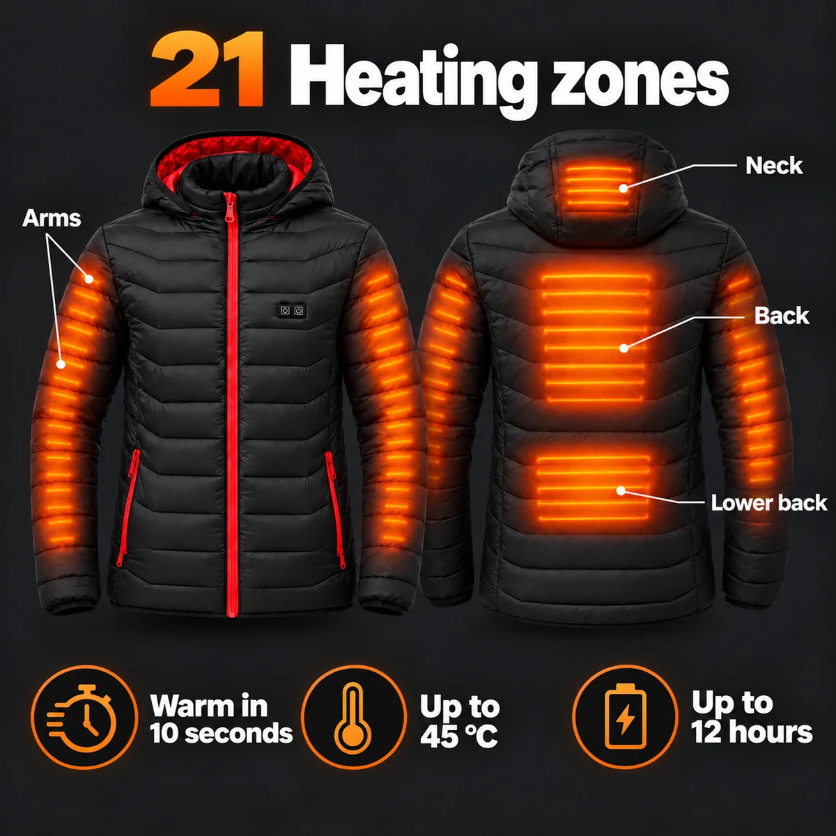 Men's heated puffer jacket PyreFit Travina: 21 heating zones across the neck, back, lower back and arms
