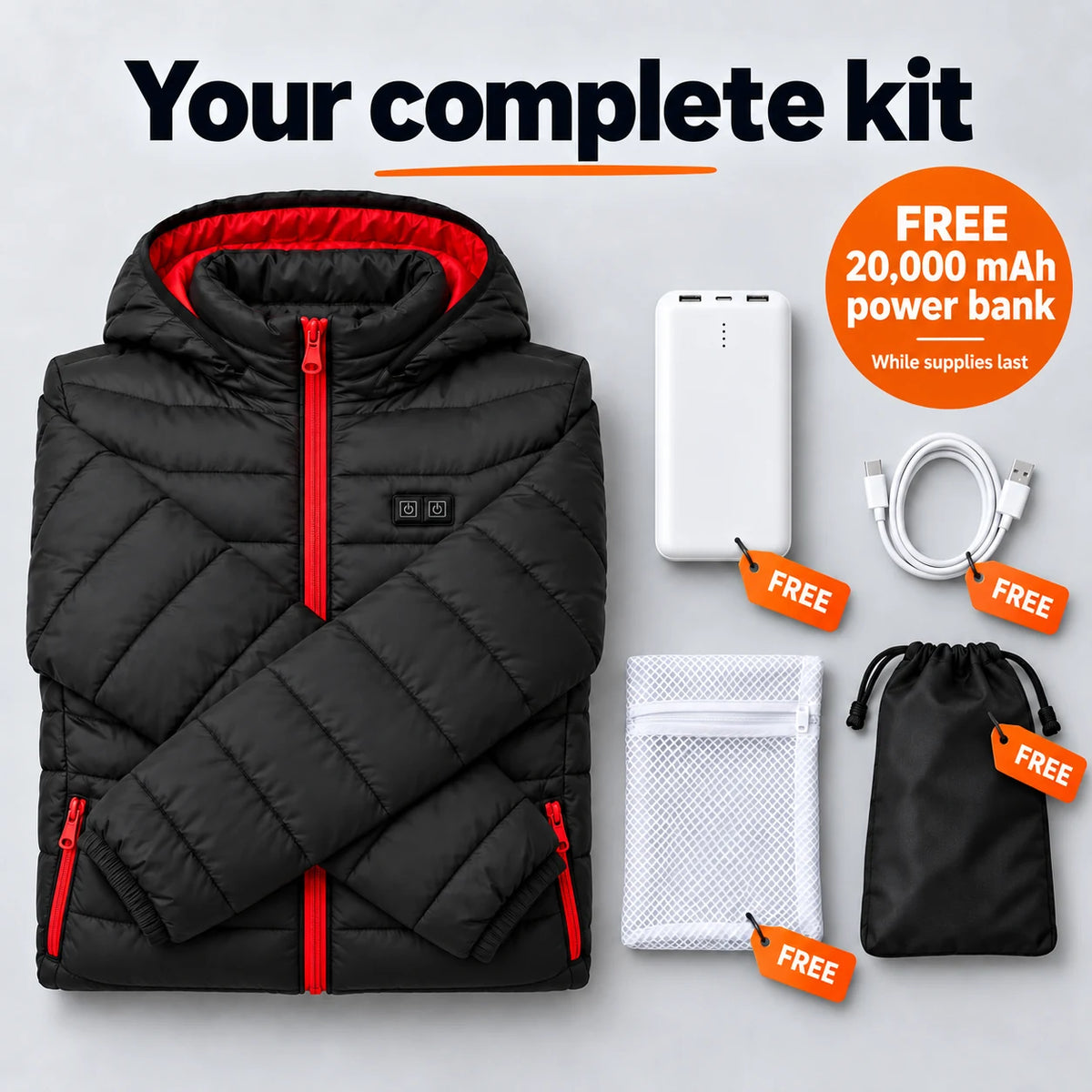 Complete Set: Travina, 20,000 mAh power bank, charging cable, laundry bag and storage bag