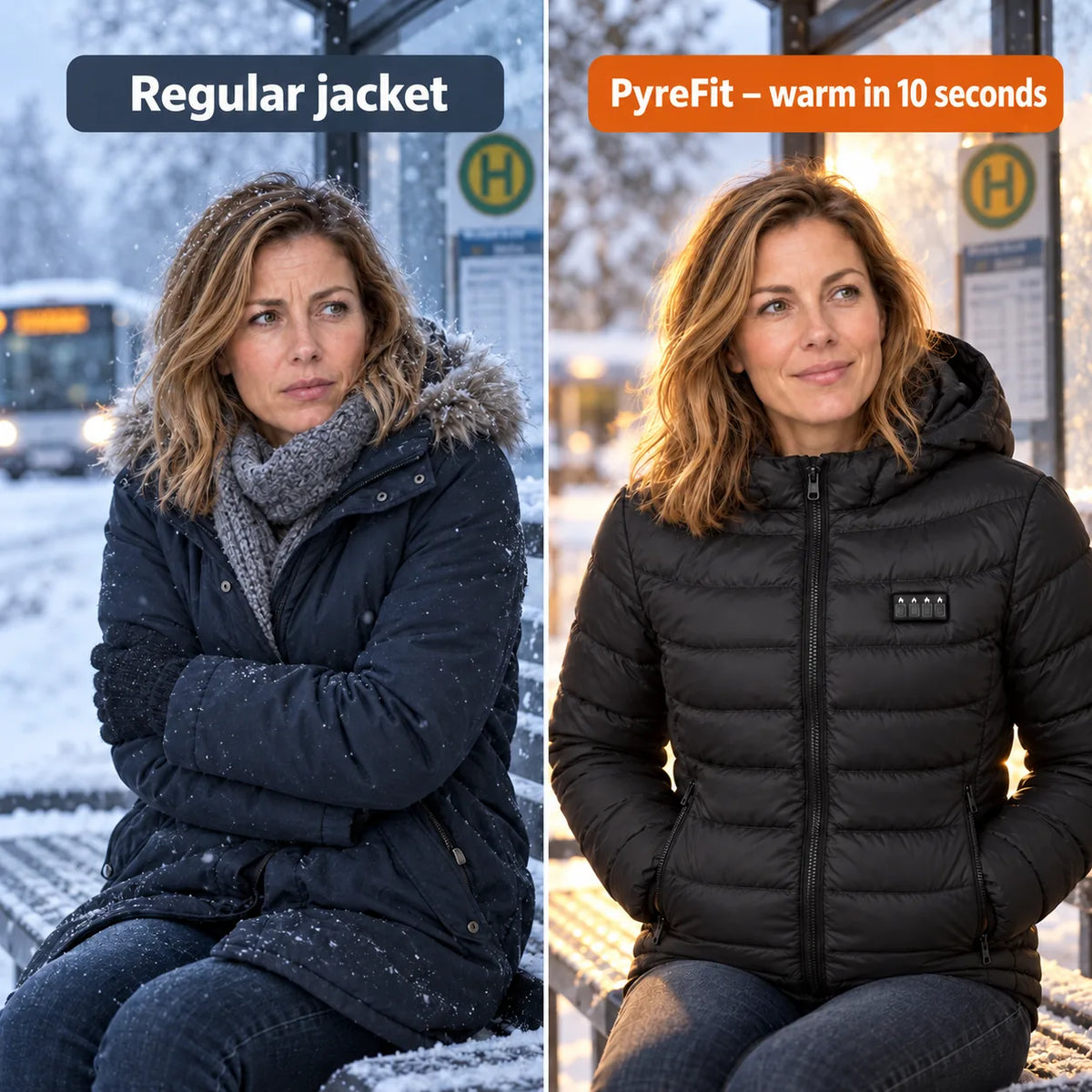 Comparison: regular winter jacket vs. PyreFit heated jacket