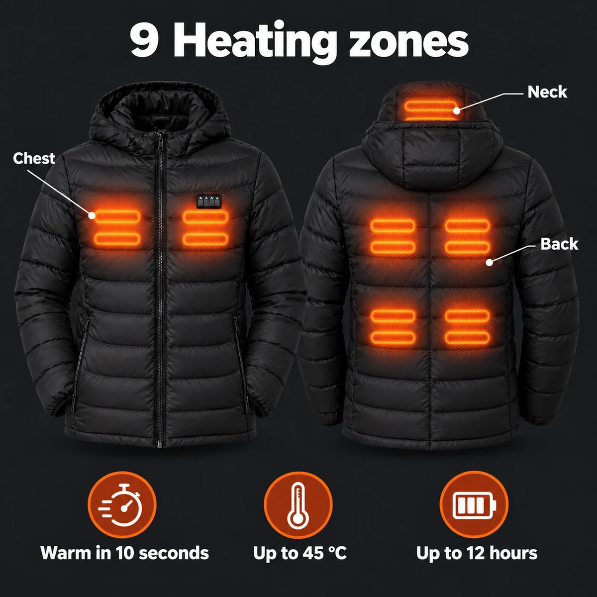Heated puffer jacket PyreFit Heizjacke: 9 heating zones across the chest, back and neck