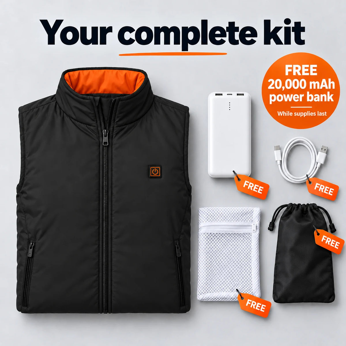 Complete Set: Ventaro, 20,000 mAh power bank, charging cable, laundry bag and storage bag