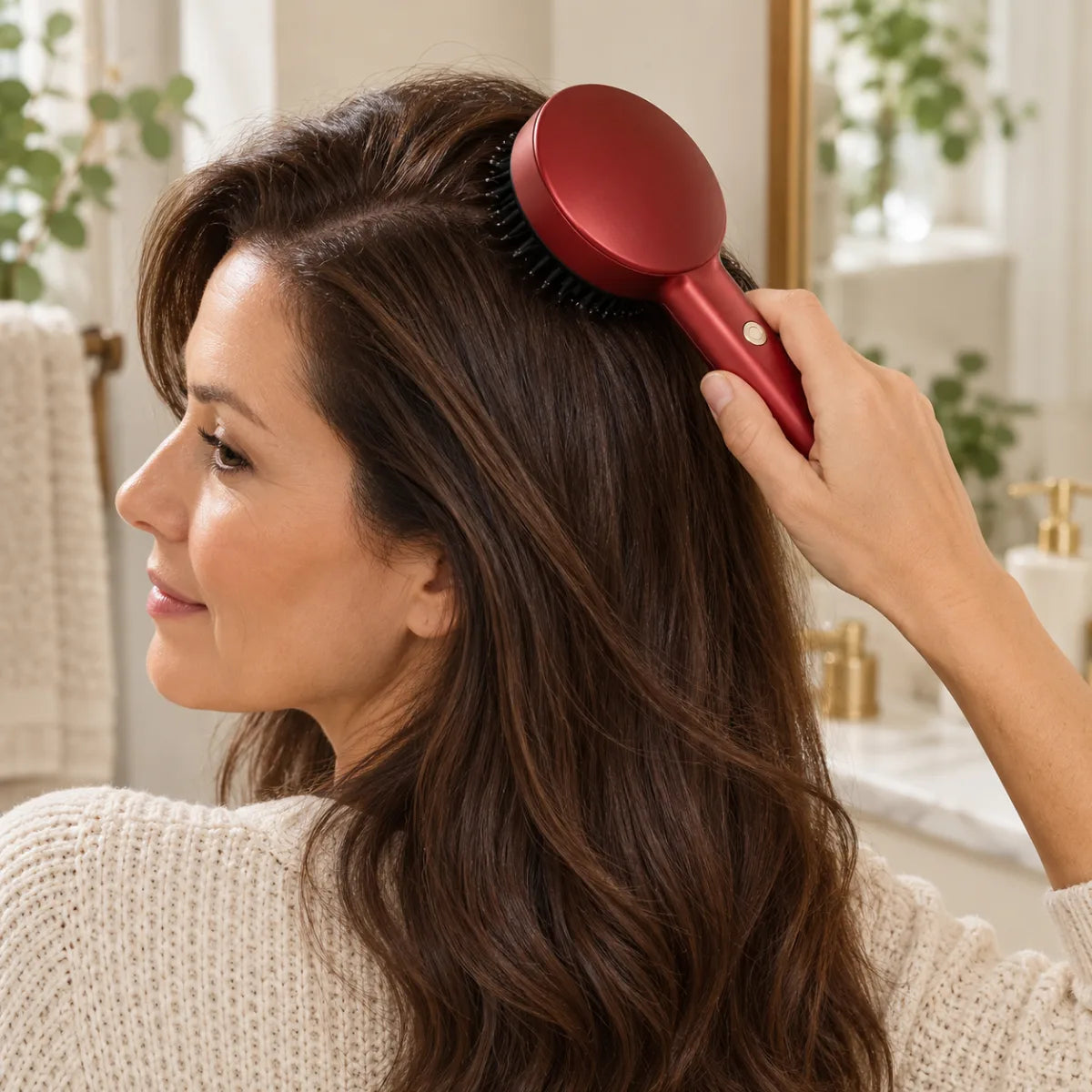 Red light scalp massage comb – in use