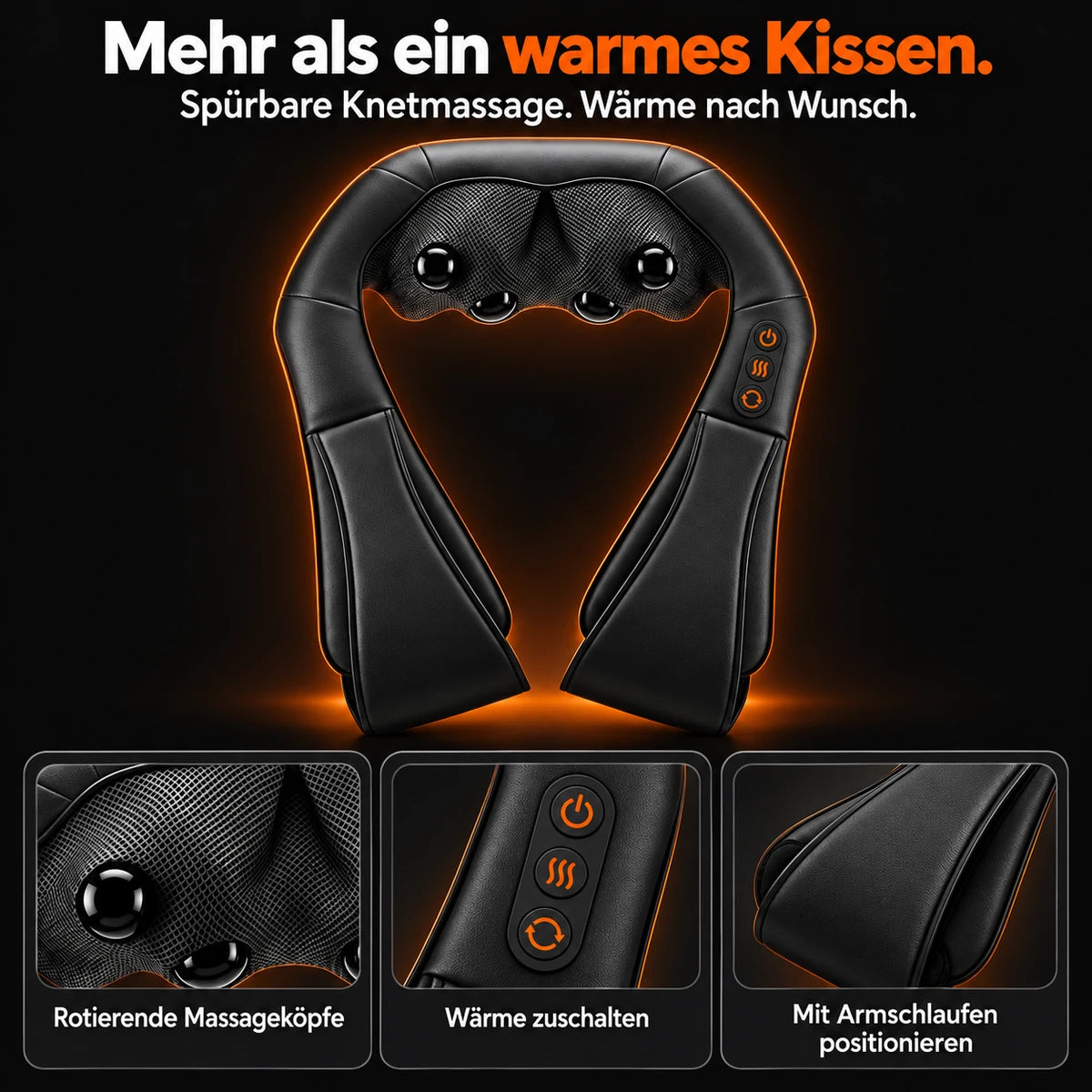 Shiatsu neck massager in Black: massage heads, control buttons and arm loops at a glance