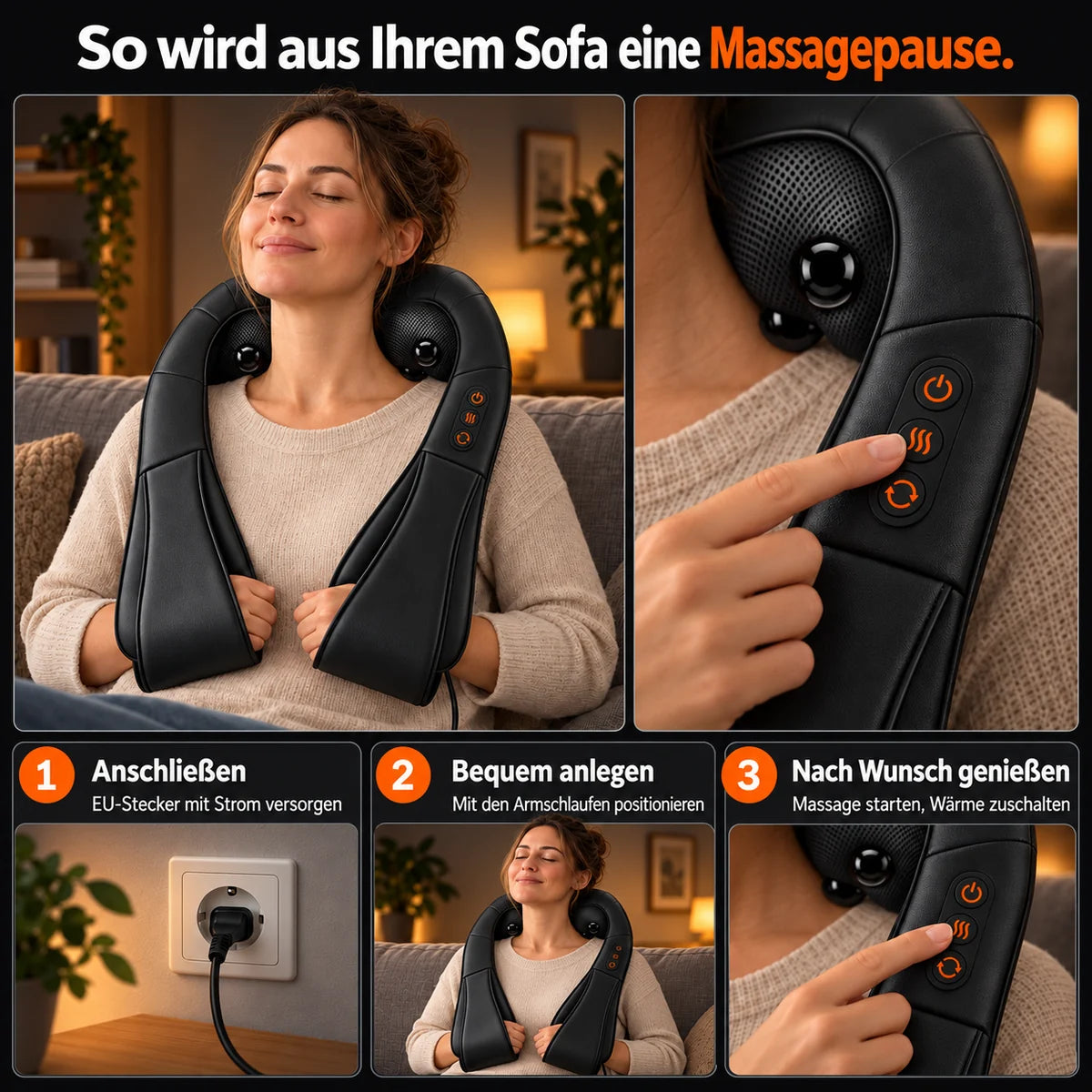 Shiatsu neck massager in Black: plug in, put on and choose massage with heat