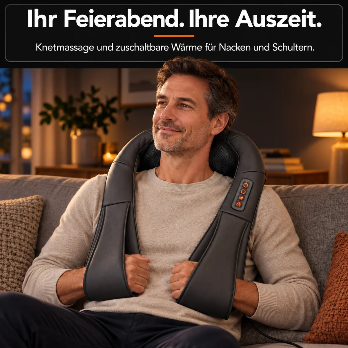 Shiatsu neck massager in Grey: a massage break on the sofa after work