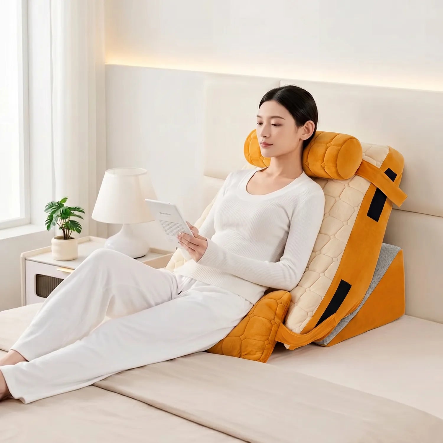 No more stacking pillows. Get comfortable in seconds.