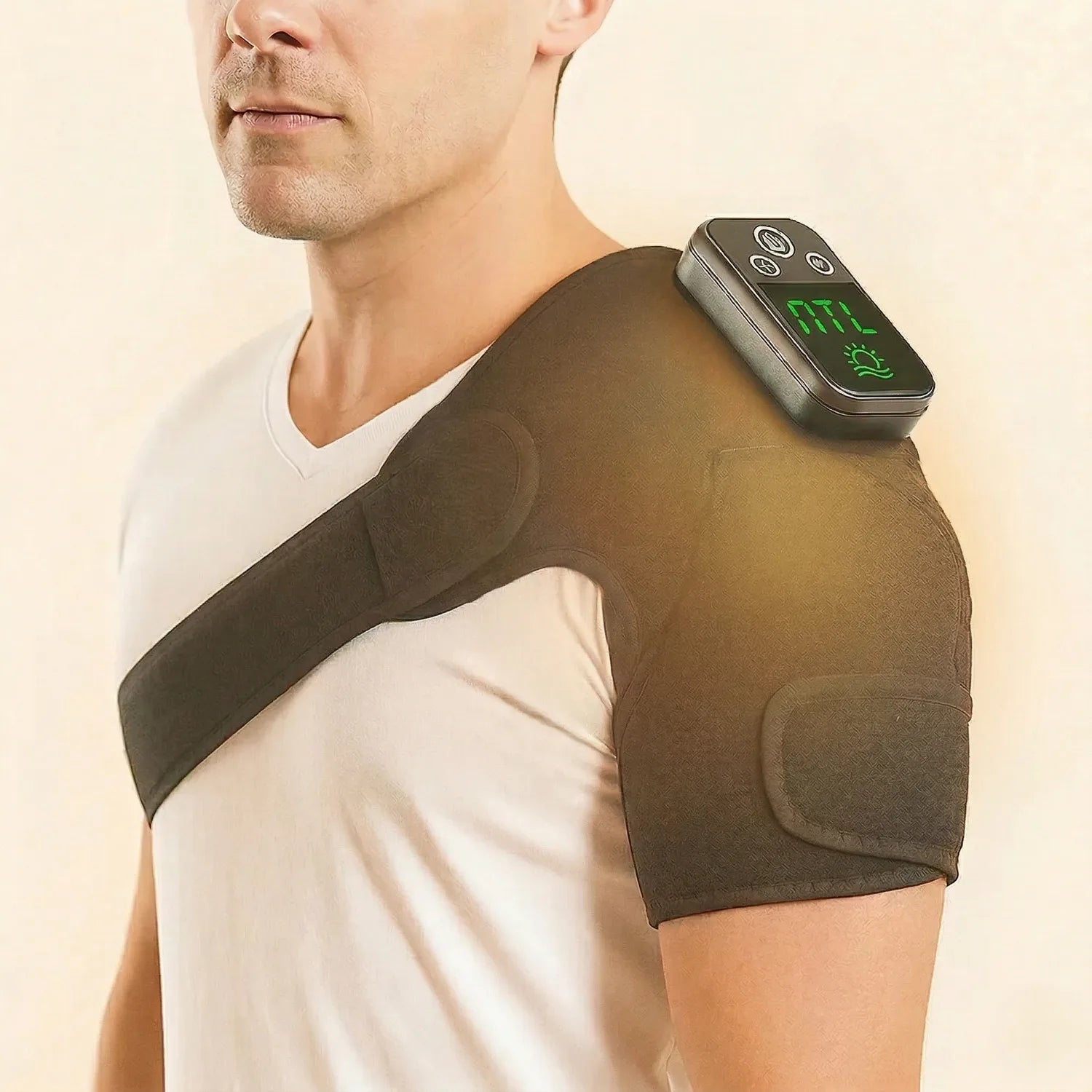 Heated shoulder wrap being worn