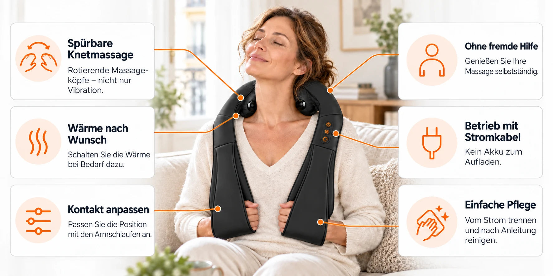 Shiatsu massage: kneading, optional heat, adjustable contact, use on your own, mains cable and easy care